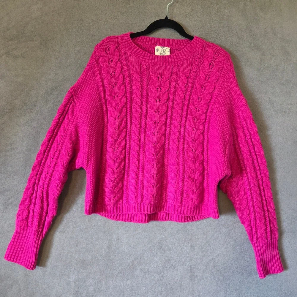 Hippie Rose Cable Knit Sweater Women Medium Pink Cropped Chunky Barbiecore Boho